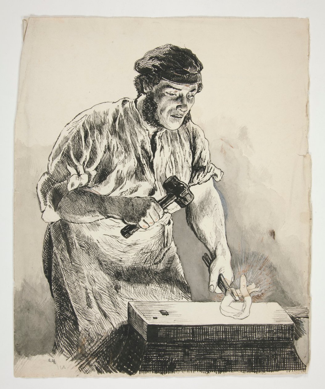 Estudio de un herrero, martillando hierro - ilustración no identificada de Edwin Austin Abbey