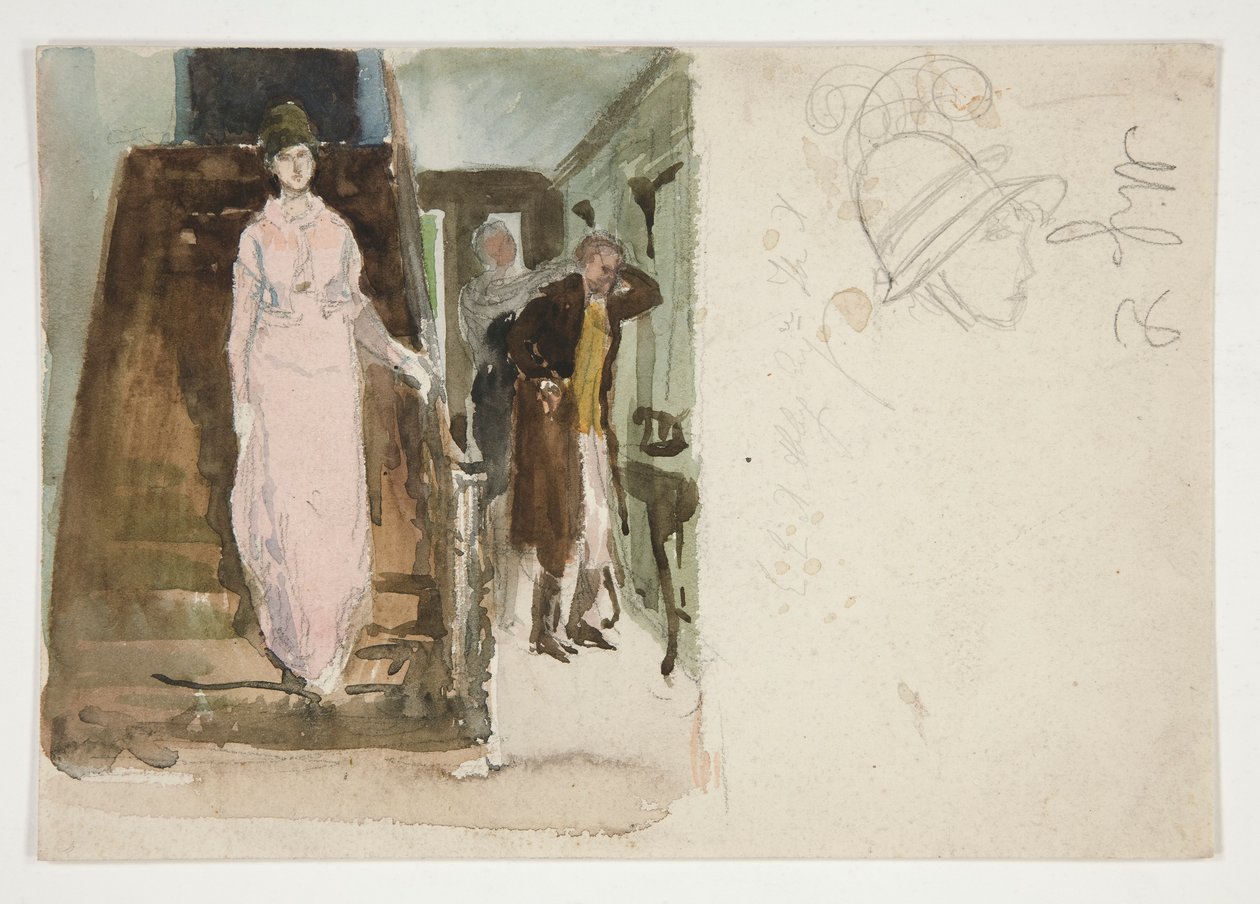 Estudio de un interior: pareja preparándose para salir por la noche. de Edwin Austin Abbey