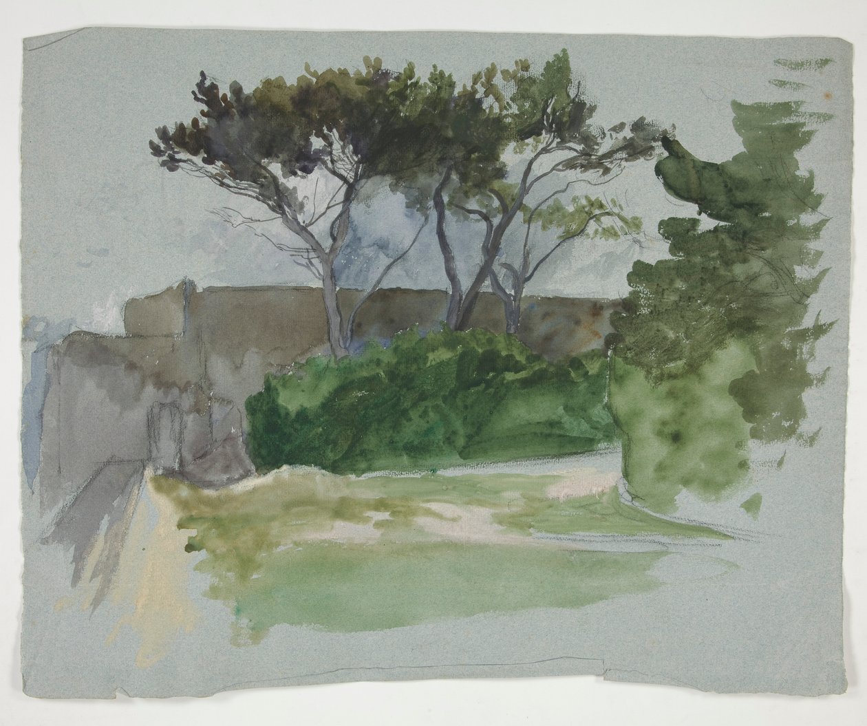Estudio de paisaje con árboles y muro de piedra. de Edwin Austin Abbey