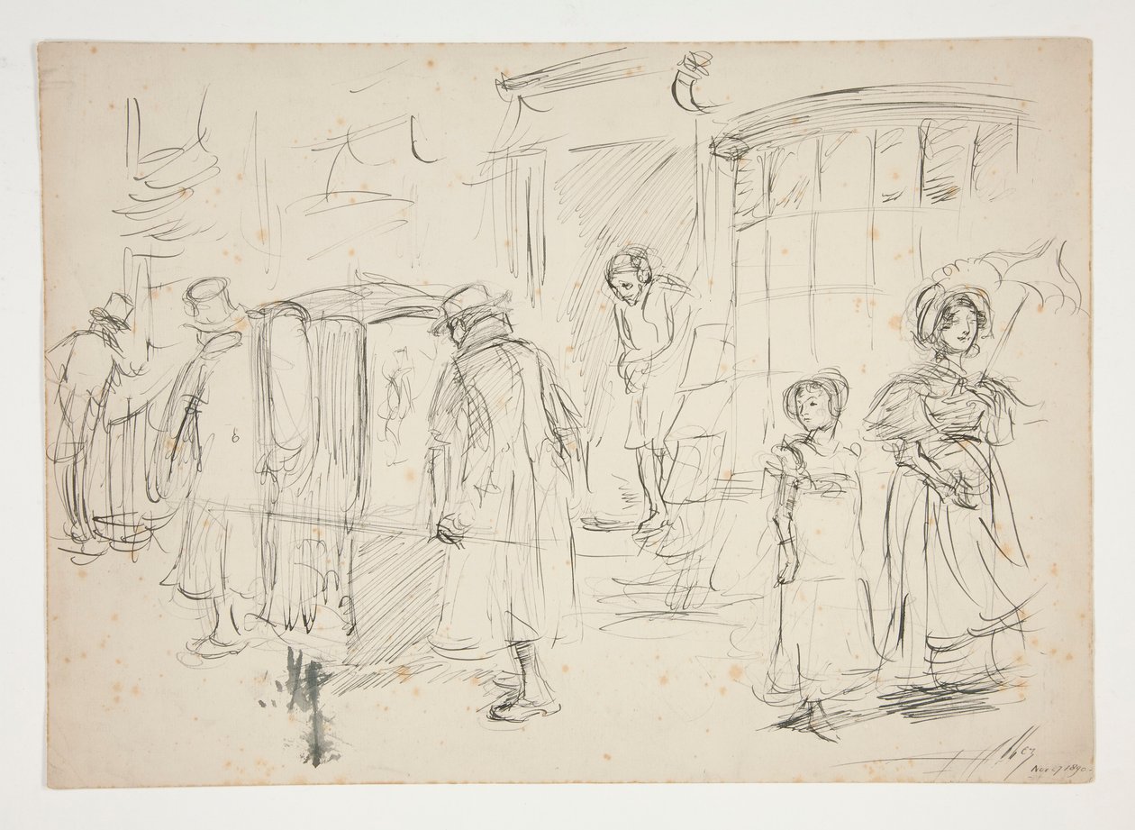 Estudio de escena callejera con silla de manos. de Edwin Austin Abbey