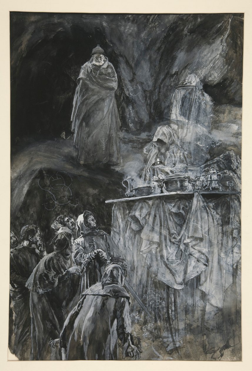 El Banquete, ilustración del Acto III, Escena III, La Tempestad de Edwin Austin Abbey