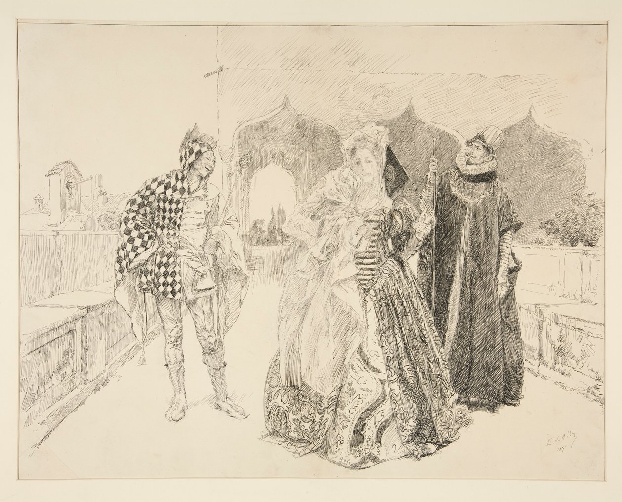El Payaso y Malvolio, ilustración del Acto I, Escena V, Noche de Reyes de Edwin Austin Abbey