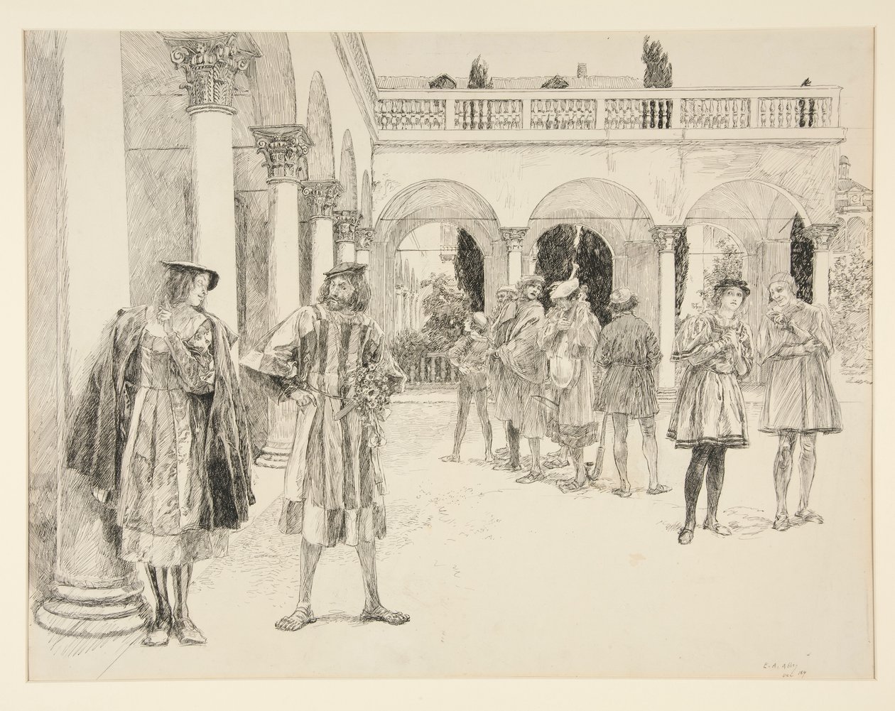 El Patio del Palacio, del Acto IV, Escena ii, Dos hidalgos de Verona de Edwin Austin Abbey