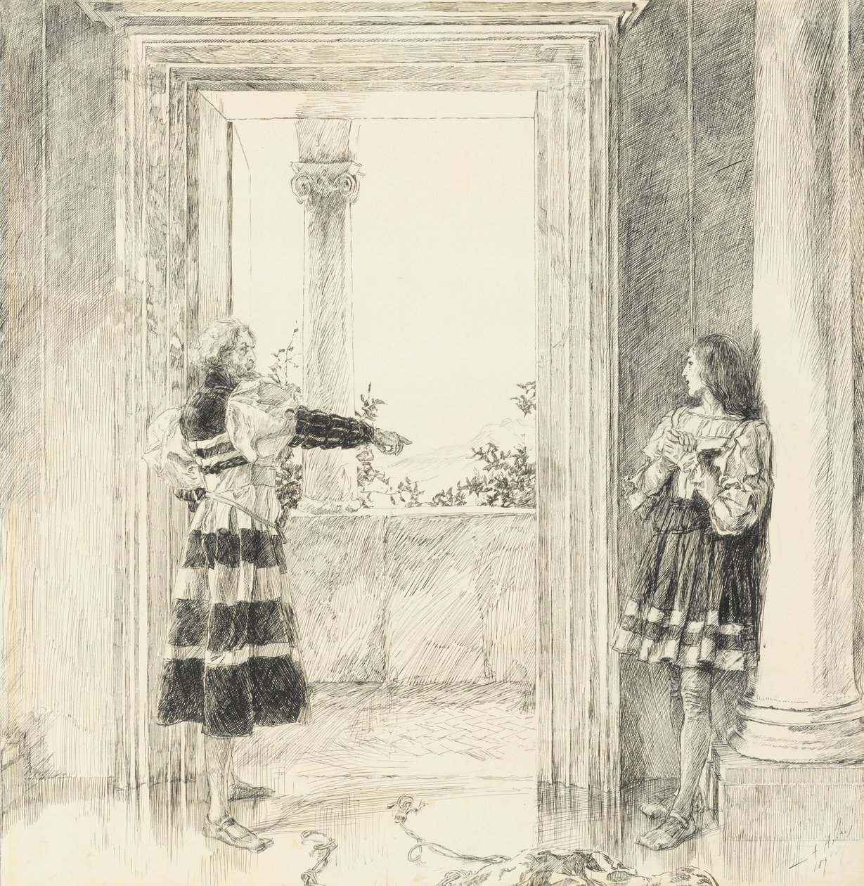 El duque expulsa a Valentine, del Acto III, Escena i, Dos caballeros de Verona de Edwin Austin Abbey