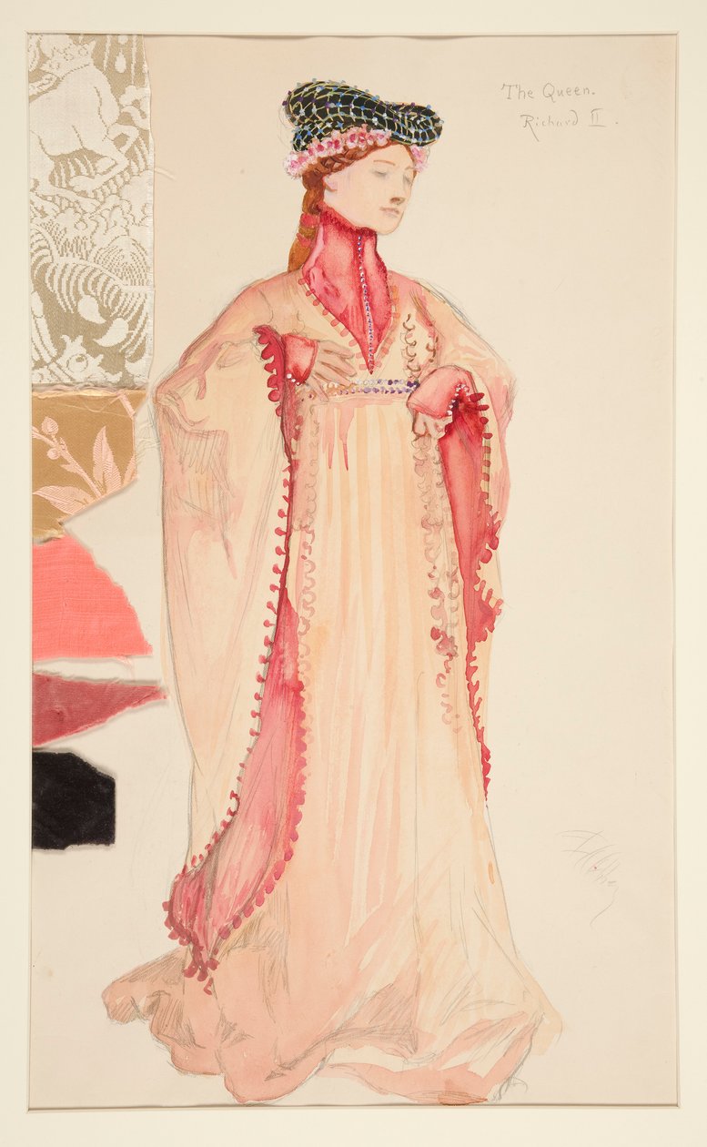 La reina (en rosa), boceto de vestuario para Henry Irving de Edwin Austin Abbey