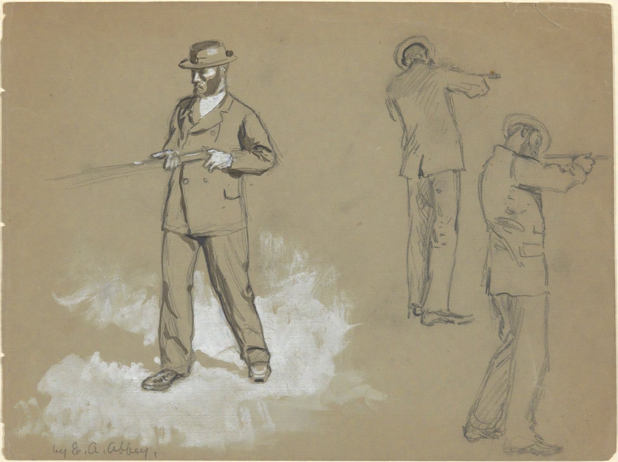Tres bocetos de un hombre con una pistola (anverso); Estudios de figura y Retrato de A. S. Wina (?) (verso) de Edwin Austin Abbey