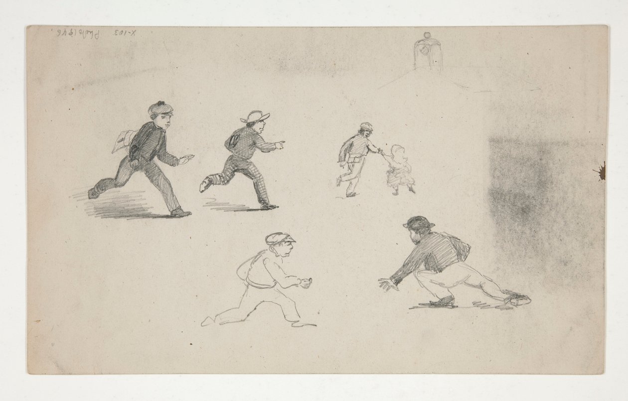 Tres estudios (hombres con caballos, estudio de cabeza) (anverso); Seis estudios de figuras que corren, estudio de un campanario (verso) de Edwin Austin Abbey