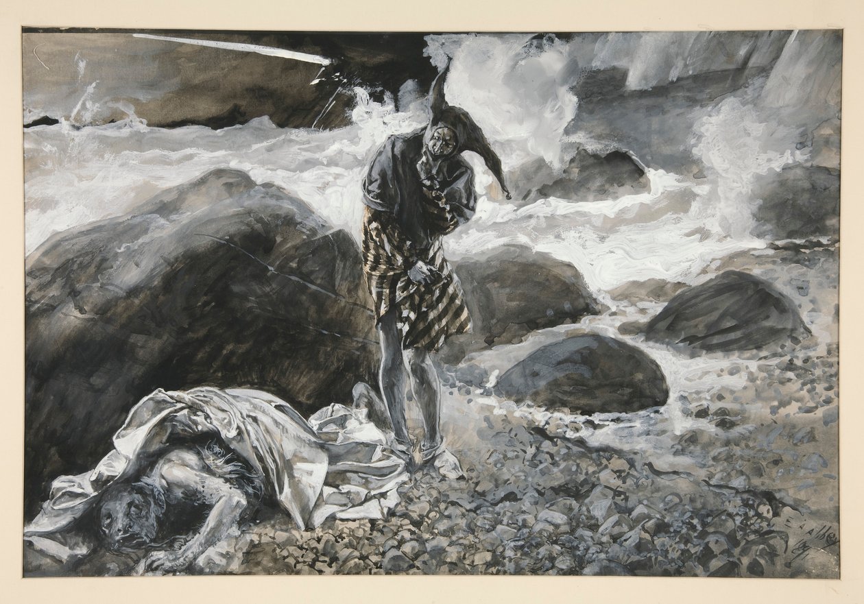 Trínculo y Calibán, ilustración del Acto II, Escena II, La Tempestad de Edwin Austin Abbey