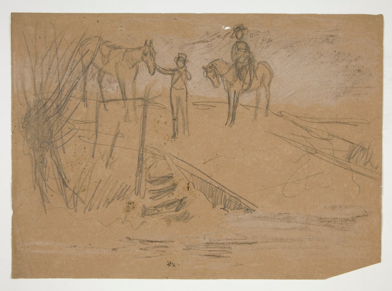 Dos hombres y dos caballos en un paisaje - ilustración no identificada de Edwin Austin Abbey