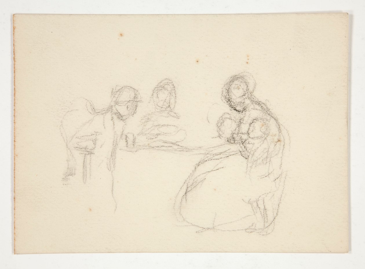 Ilustración no identificada- Estudio de figuras en una mesa. Hombre sentado al revés. de Edwin Austin Abbey
