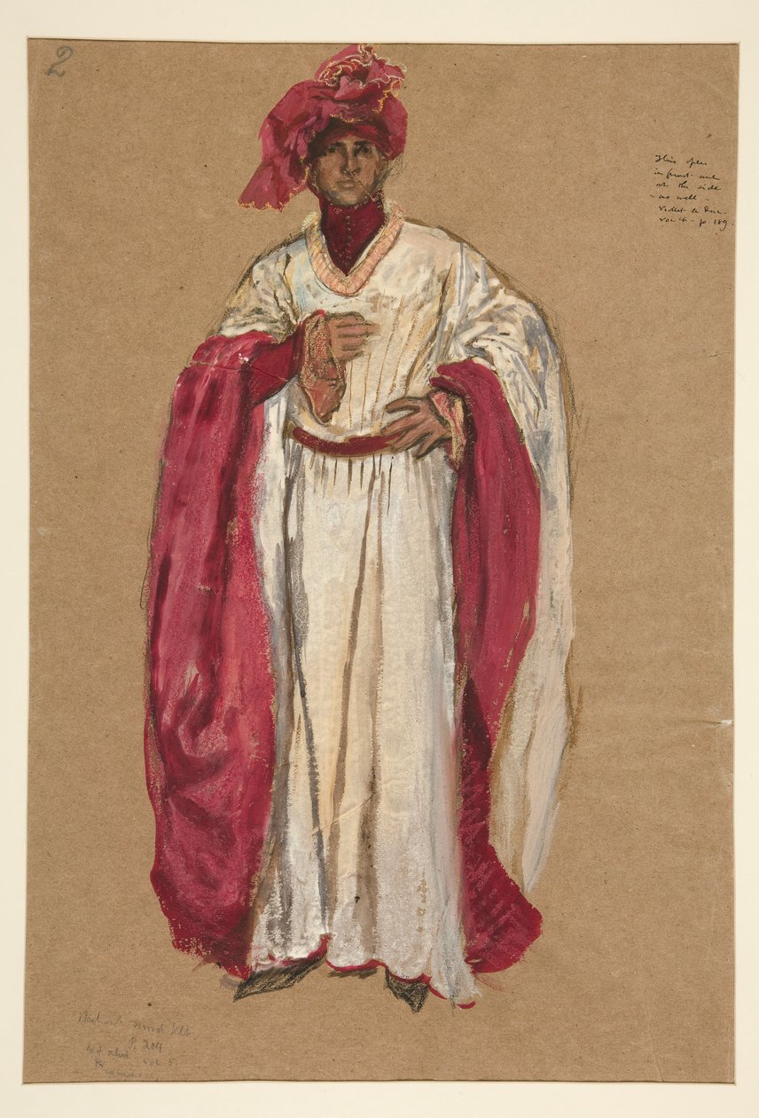 Hombre no identificado con túnica roja, boceto de vestuario para el rey Ricardo II de Edwin Austin Abbey