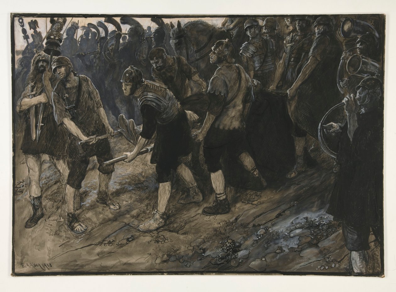 Ventidio entra triunfante, el cadáver de Pacoro ante él, Acto III, escena i, Antonio y Cleopatra de Edwin Austin Abbey