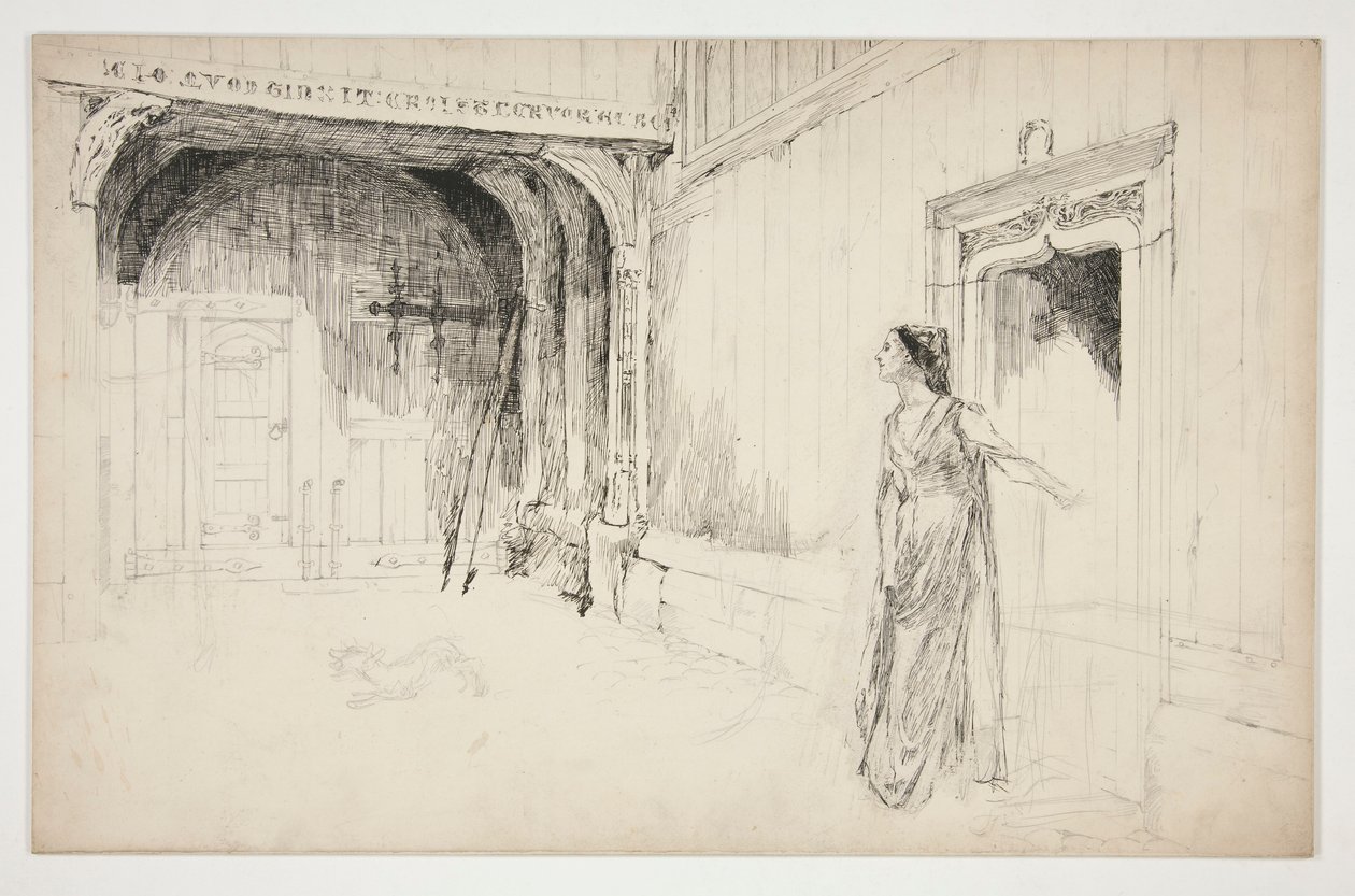 Mujer y perro en un interior - (¿ilustración no identificada para una obra de teatro?) de Edwin Austin Abbey