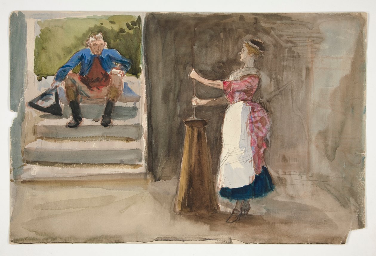 Mujer batiendo mantequilla, hombre con vestido revolucionario mirando - (ilustración no identificada) de Edwin Austin Abbey