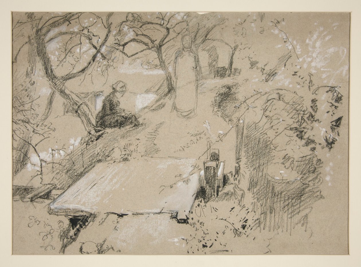 Mujer sentada en un banco en un jardín o parque público - ilustración no identificada de Edwin Austin Abbey
