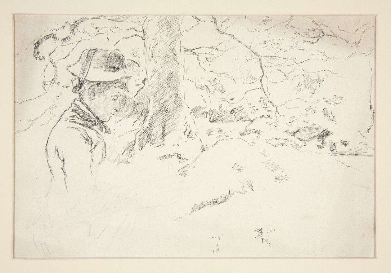 mujer se sentar, en, jardín, -, no identificado, ilustración de Edwin Austin Abbey