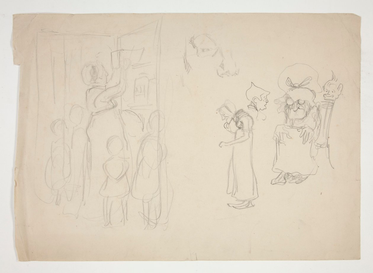 Mujer con niños y dibujos animados - ilustración no identificada de Edwin Austin Abbey