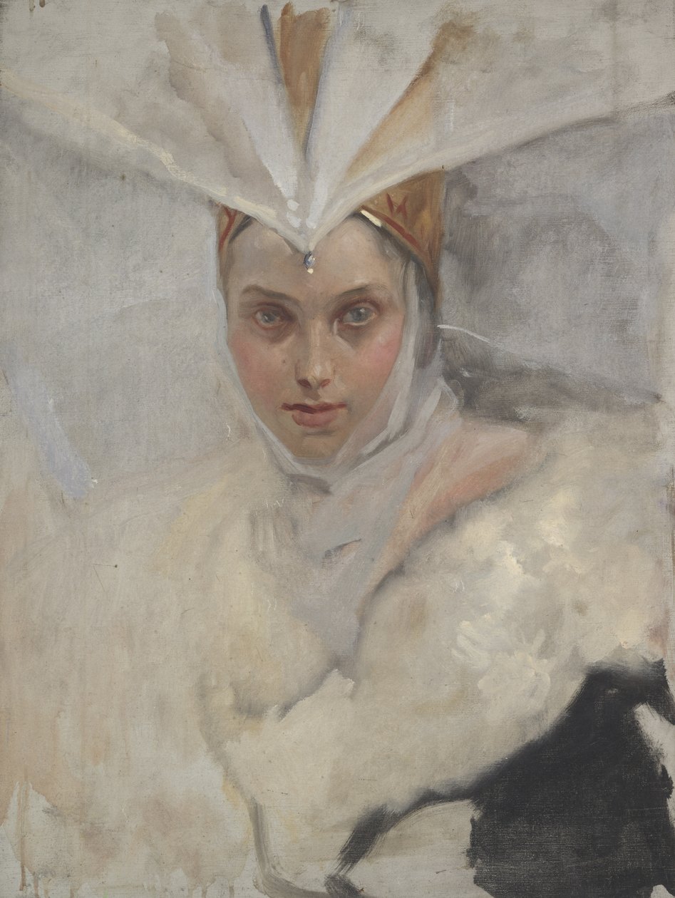 Mujer con Tocado de Águila Pescadora y Collar de Piel Blanca de Edwin Austin Abbey