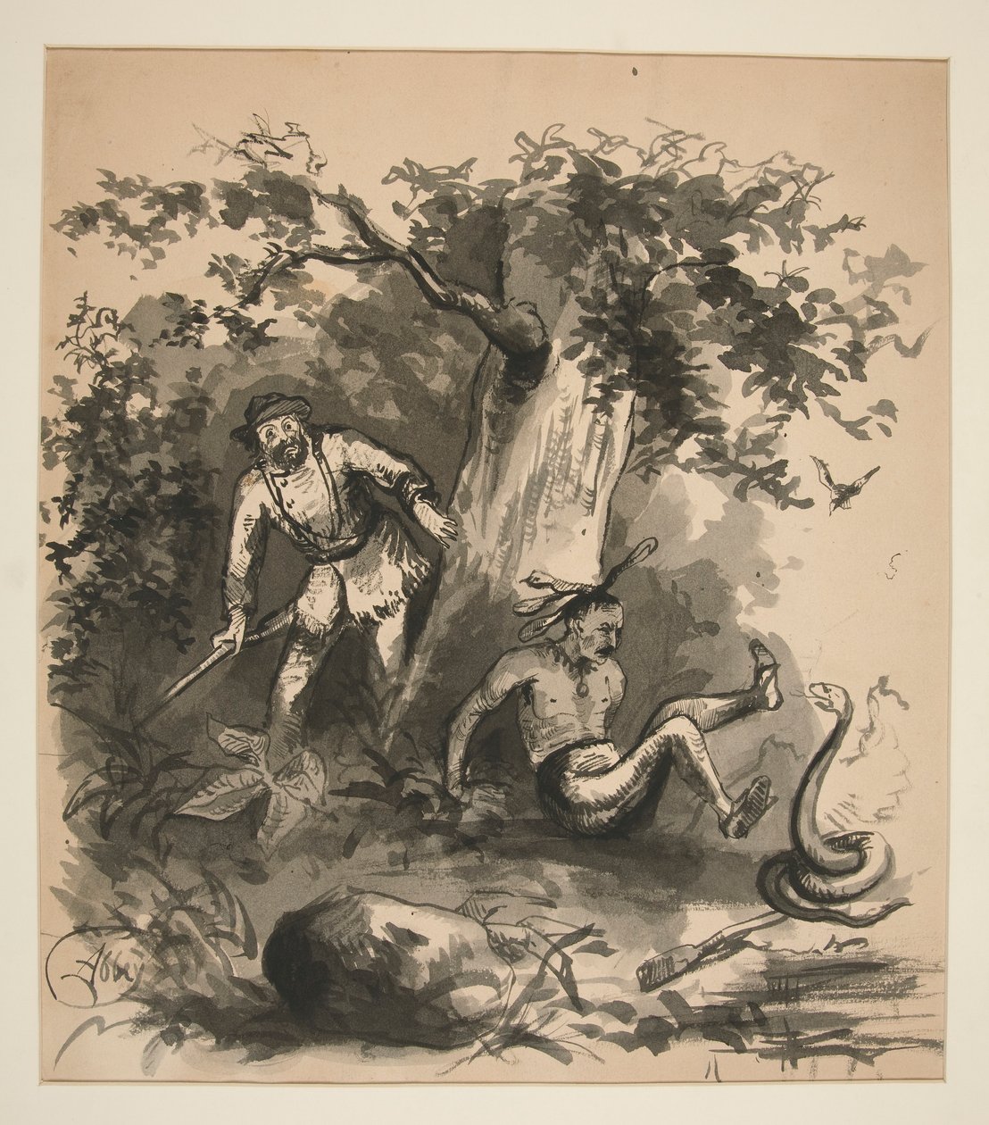Escena del bosque de un cazador, un indio y una serpiente - ilustración no identificada de Edwin Austin Abbey