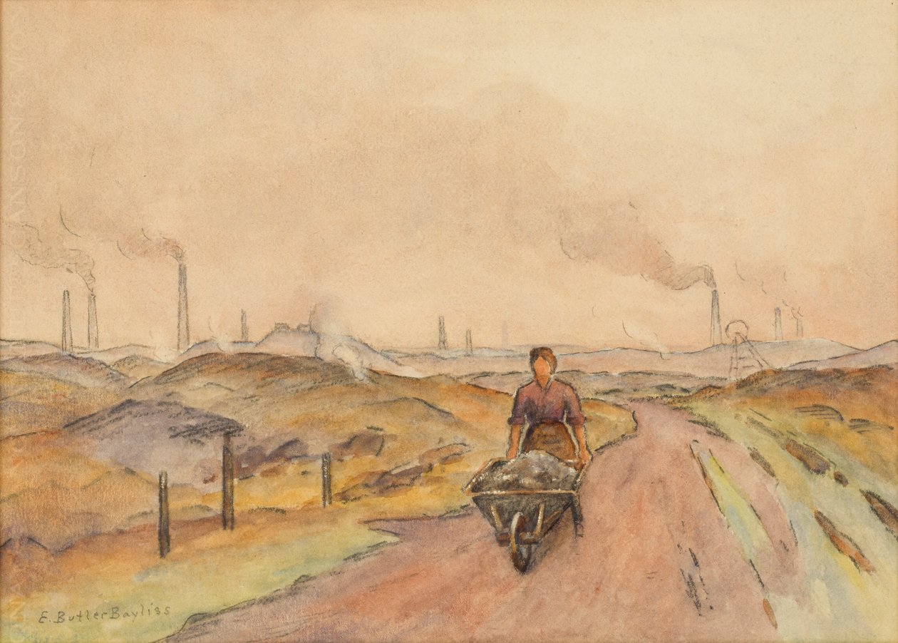 Escena industrial, hombre con carretilla (acuarela con carboncillo sobre papel) de Edwin Butler Bayliss