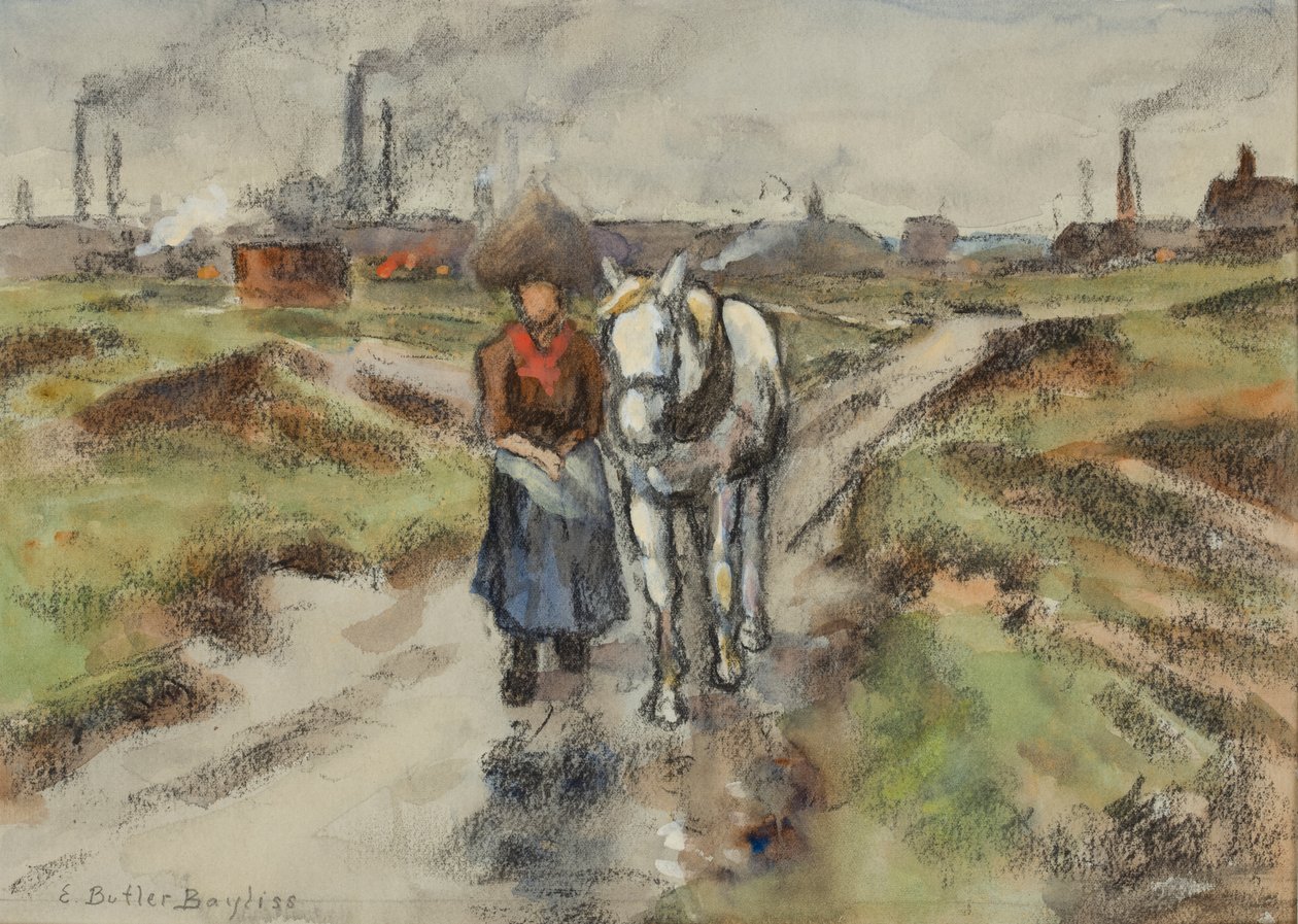 Leading the Barge Pony (acuarela con pastel sobre papel) de Edwin Butler Bayliss