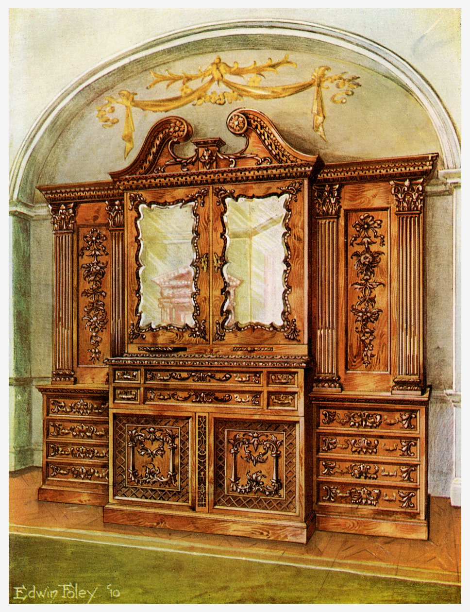 Librero tallado cerrado de caoba, estilo de Chippendale, influencia francesa, 1911-1912 de Edwin Foley