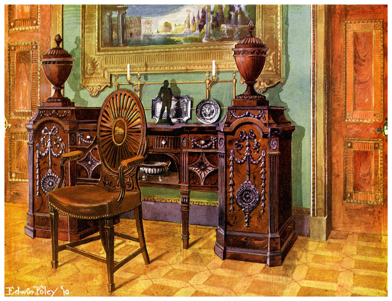 Aparador de pedestal de caoba tallada y silla de maestro con respaldo de rueda ovalada, 1911-1912 de Edwin Foley