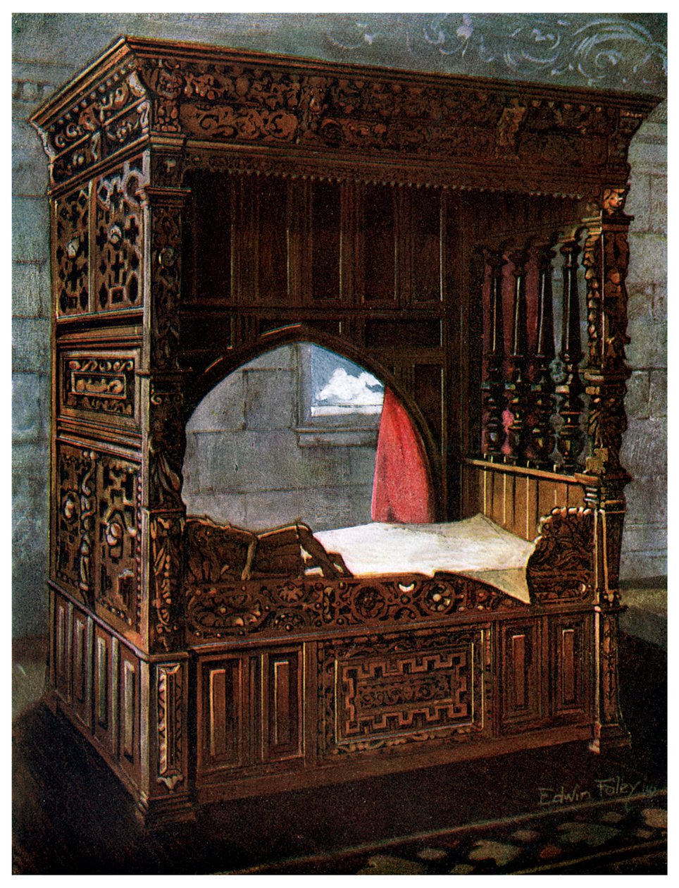 Cabecera de roble tallado de Jeanne d