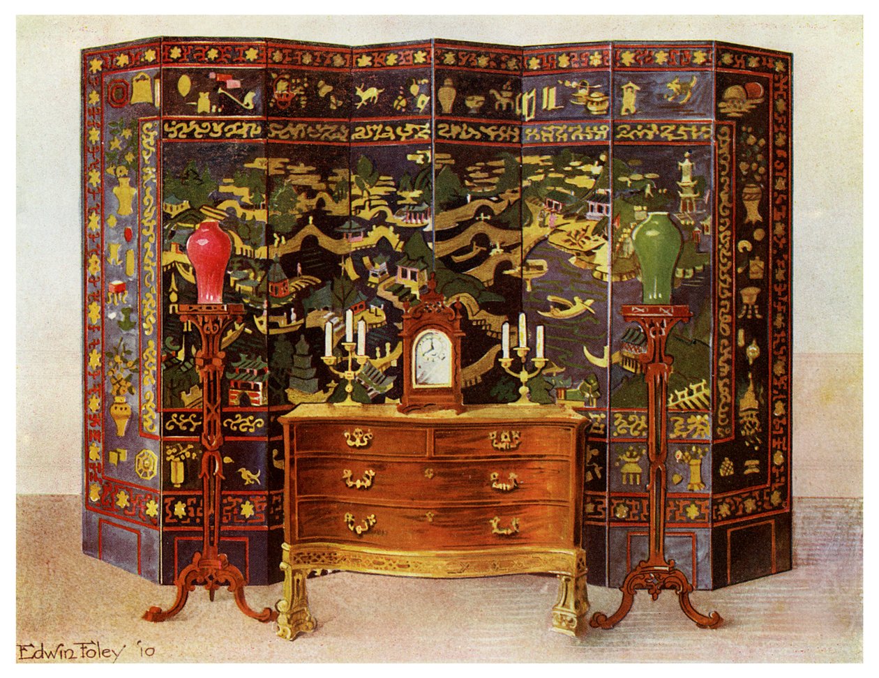 Mesa cómoda curva y biombo chino lacado de ocho pliegues, 1911-1912 de Edwin Foley