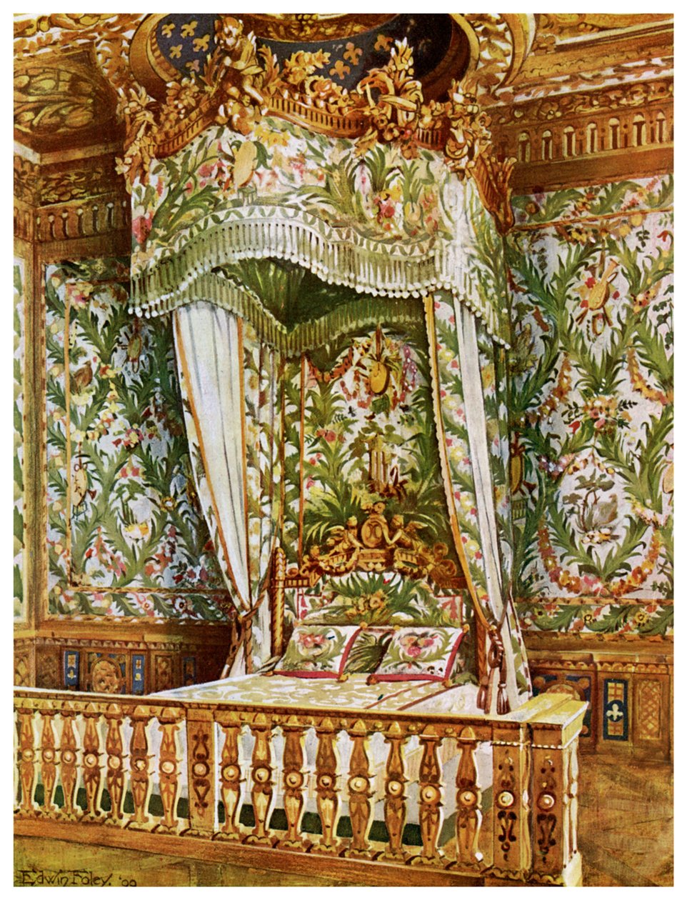 Cama de estado dorada de María Antonieta, Dormitorio de la Reina, Palacio de Fontainebleau, Francia de Edwin Foley