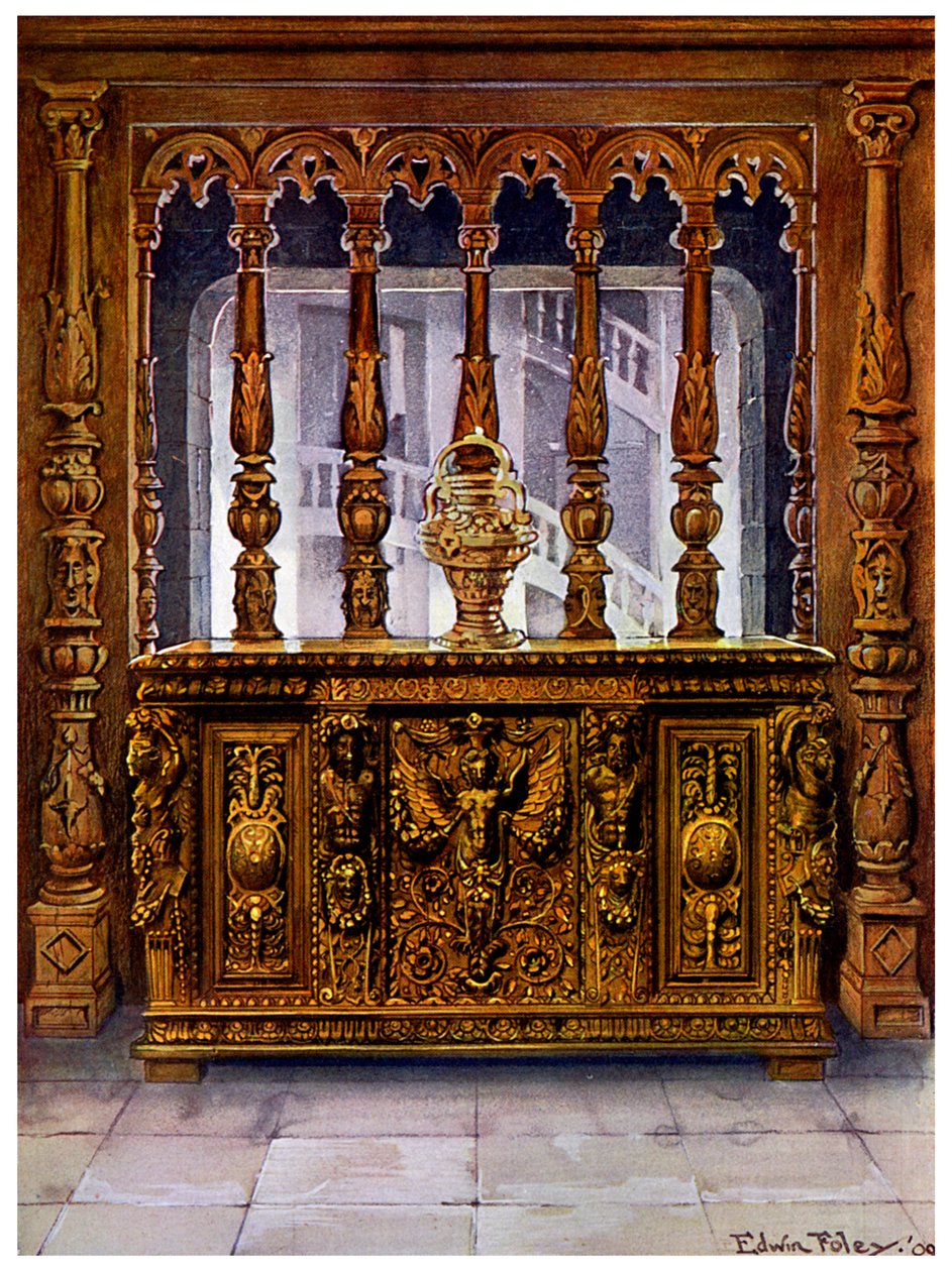 Cofre tallado o bahut de Enrique II y pantalla de roble del mismo período francés, 1910 de Edwin Foley