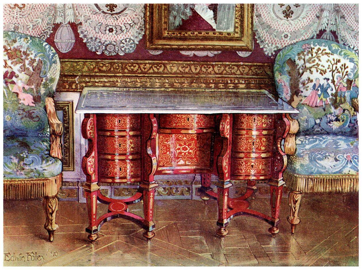 Mesa de escritura con hueco para las rodillas y sillones dorados, 1910 de Edwin Foley