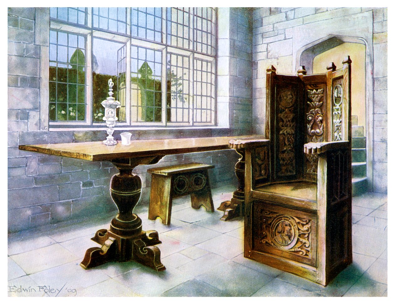 Mesa de caballete de roble y silla de Mine Hosts, 1910 de Edwin Foley