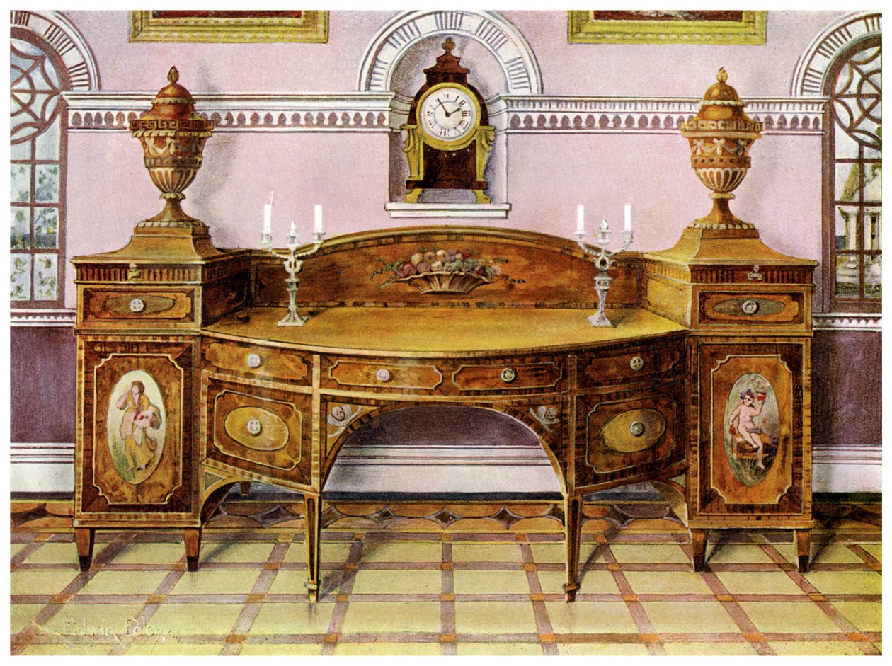 Aparador de madera satinada pintada e incrustada y reloj de soporte de caoba, 1911-1912 de Edwin Foley