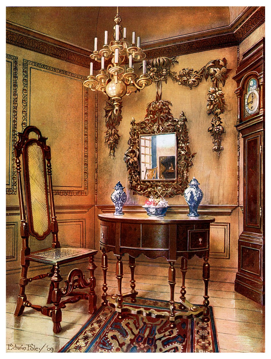 Paneles, marco de espejo, mesa y silla de nogal, reloj alto de nogal de Charles Wesley, 1910 de Edwin Foley
