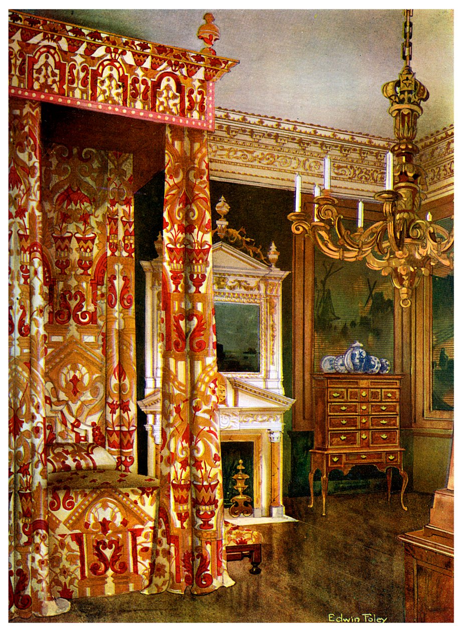 Cama de la Reina Ana, cómoda sobre un soporte y un candelabro de madera, 1910 de Edwin Foley