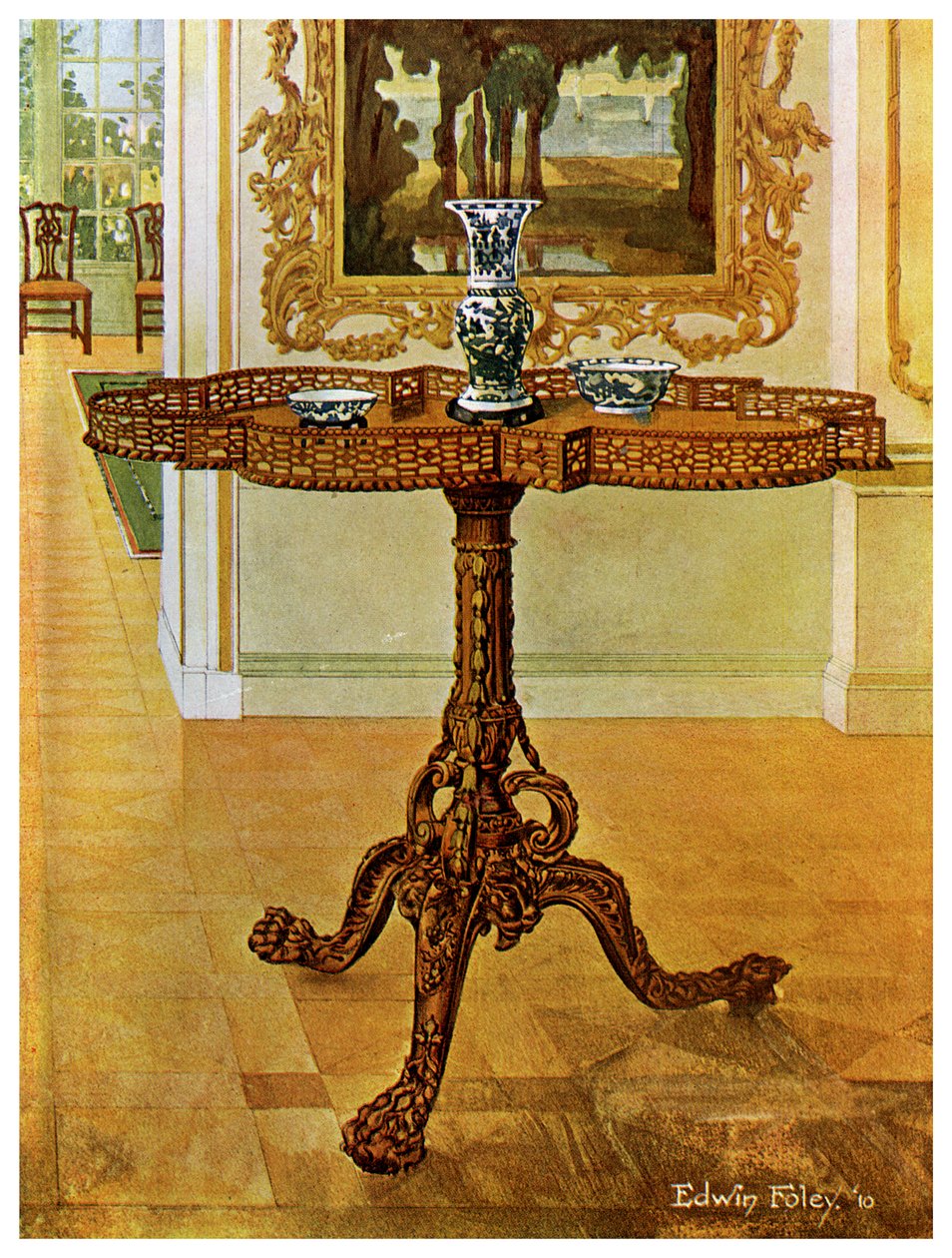 Mesa de galería con borde de celosía, Escuela Chippendale, 1911-1912 de Edwin Foley