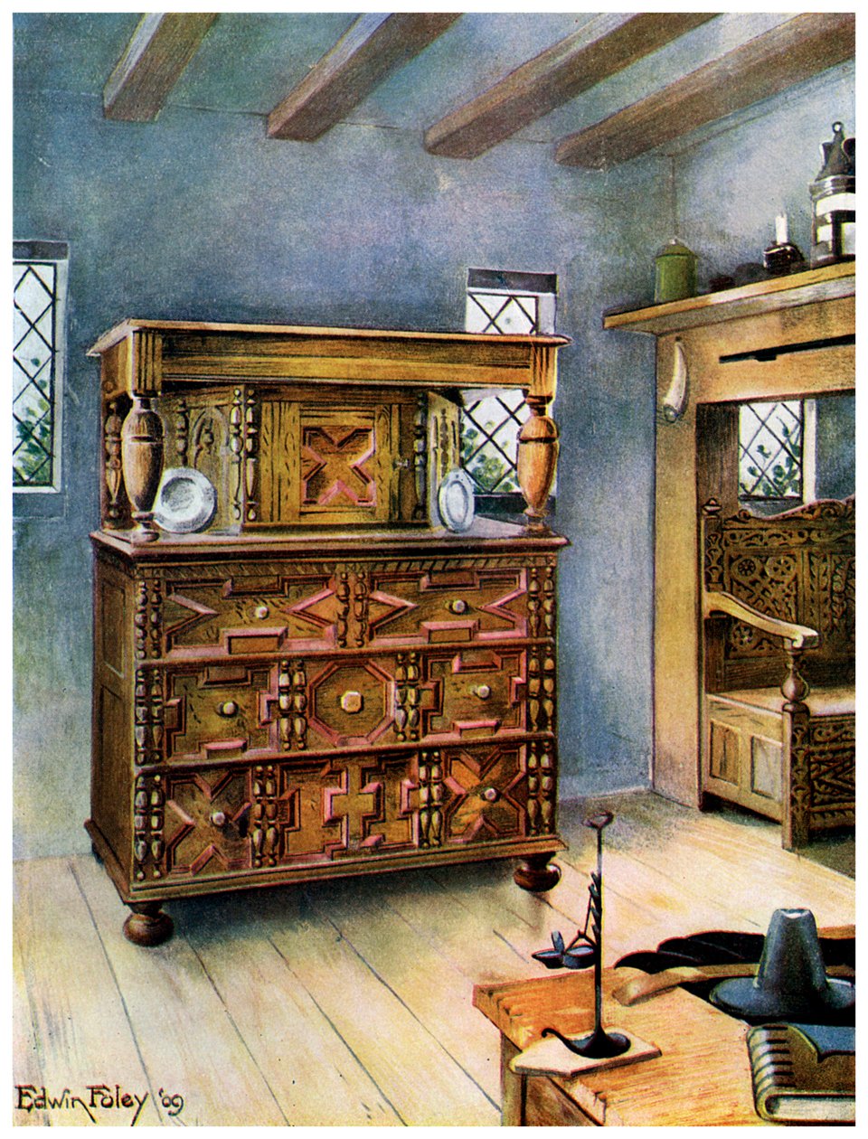 El armario Putnam de roble inglés y banco tallado de roble americano, 1910 de Edwin Foley
