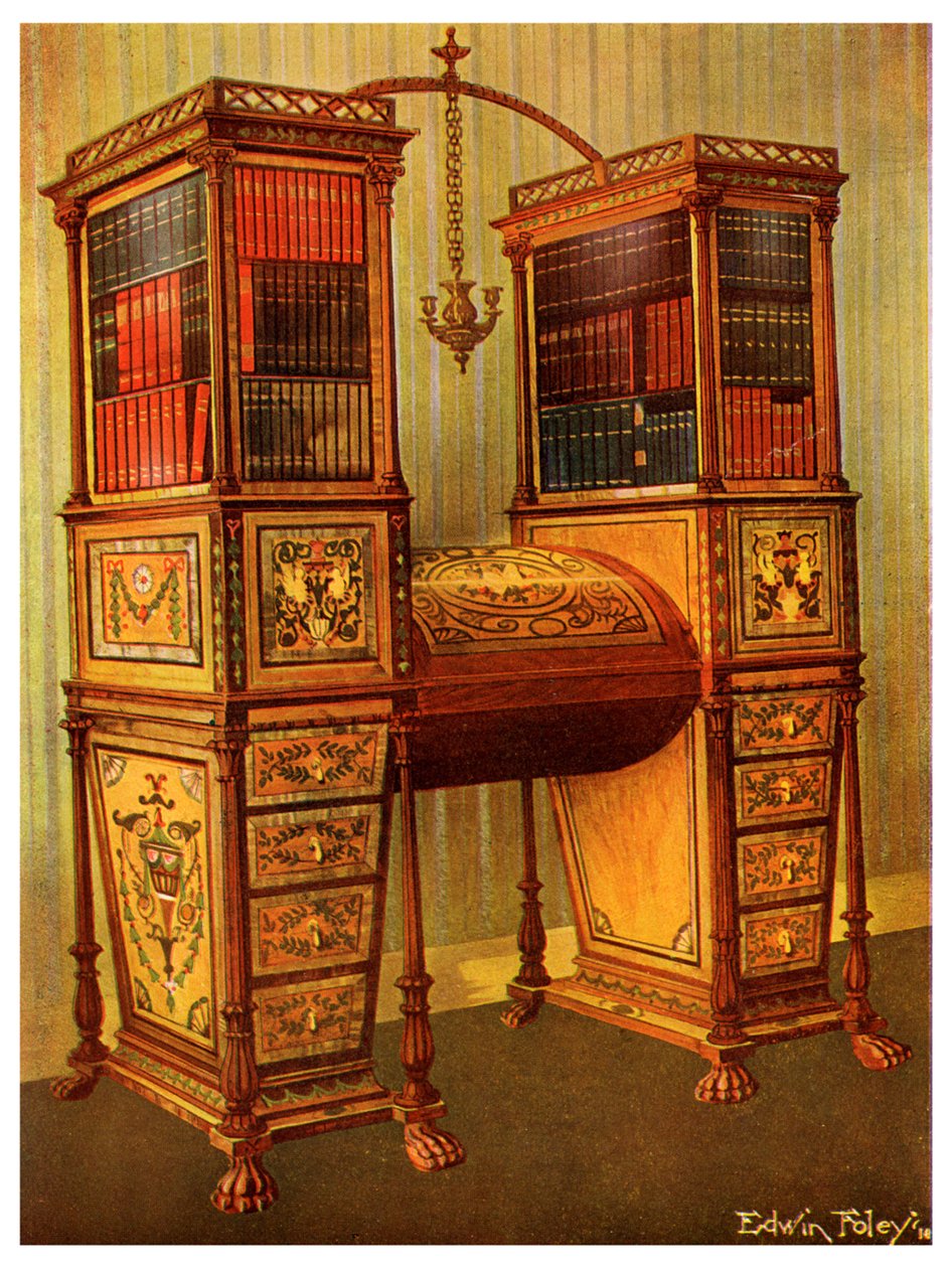 El secretaire doble con incrustaciones y gabinete de libros, Sheraton, 1911-1912 de Edwin Foley