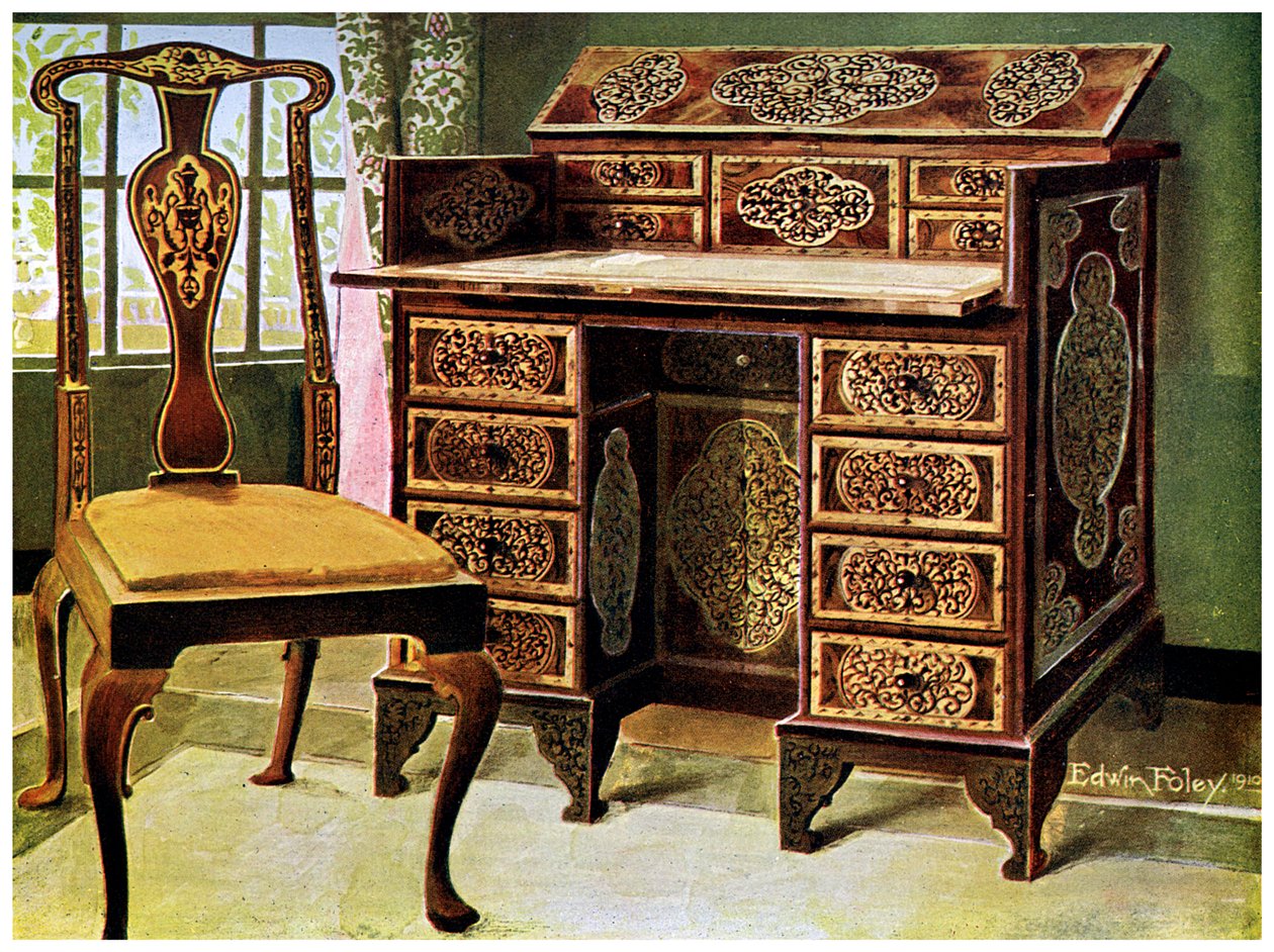 Mesa de escritura con incrustaciones de nogal, 1910 de Edwin Foley