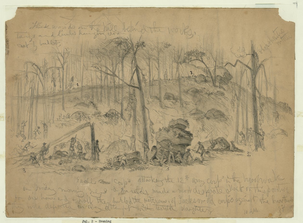 Ataque del Cuerpo del General Ewell (división de Johnston), anteriormente bajo Stonewall Jackson, en el flanco derecho del ejército de la Unión en Culp