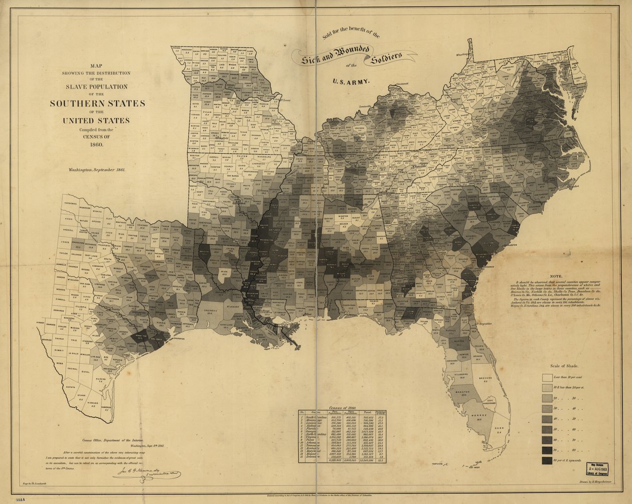 Mapa que muestra la distribución de la población esclava de los estados del sur de los Estados Unidos, compilado a partir del censo de 1860 de Edwin Hergesheimer