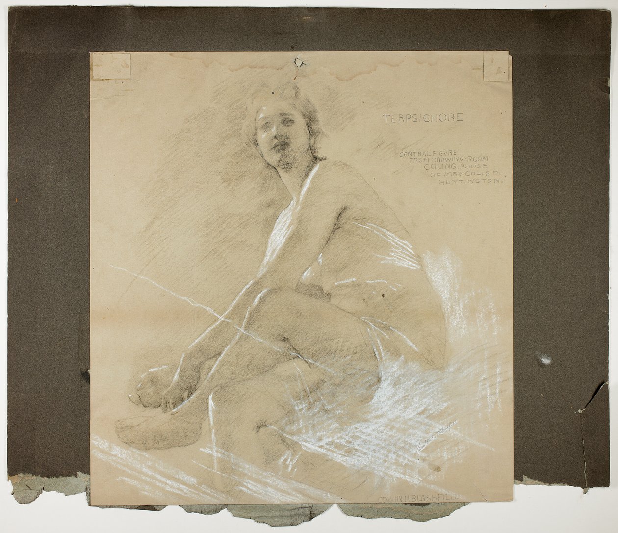 Terpsícore (recto), y figura femenina danzante (verso), estudios murales para el techo del salón, residencia de Collis P. Huntington, ahora Galería de Arte de la Universidad de Yale de Edwin Howland Blashfield