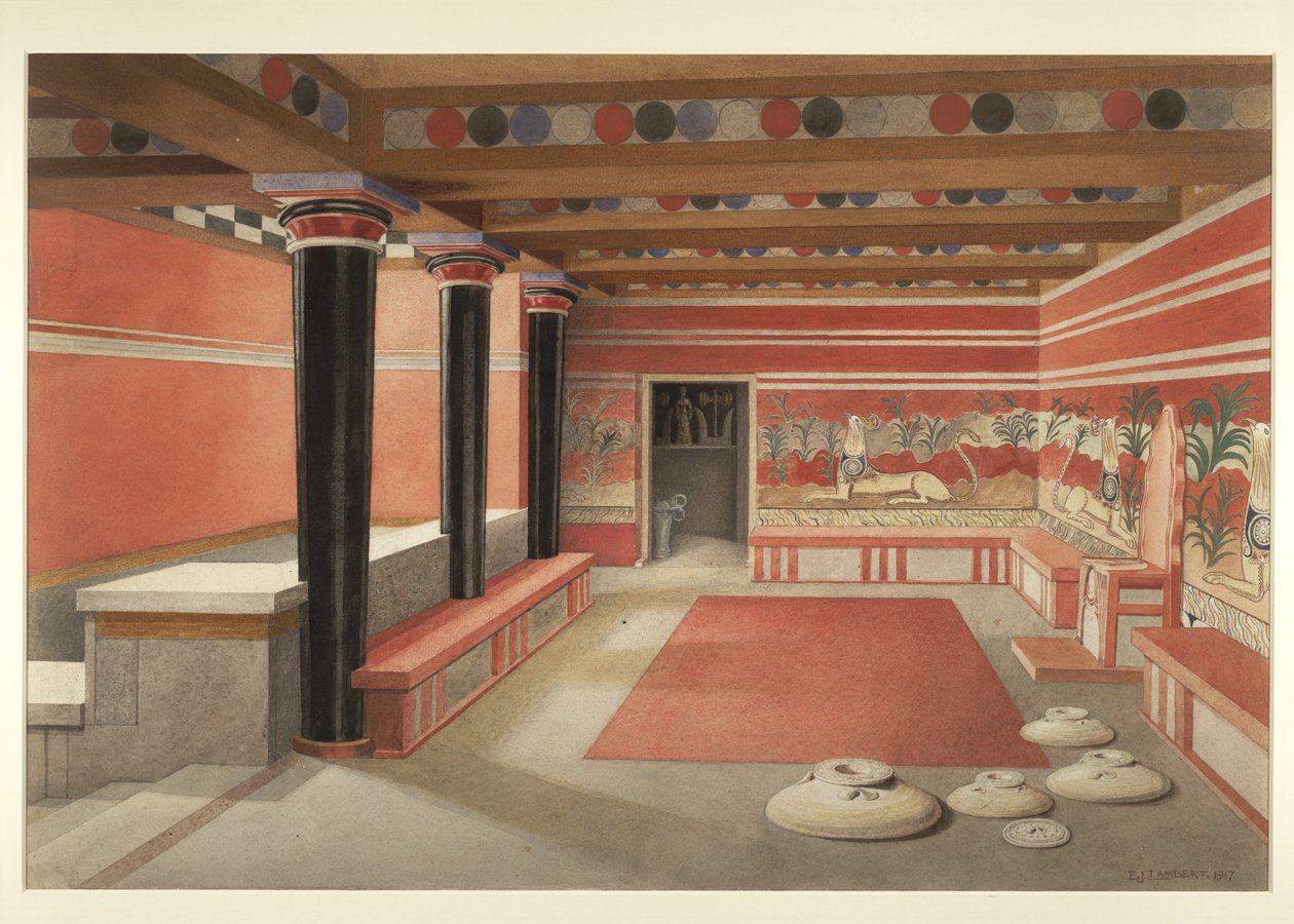 Pintura de la reimaginada Sala del Trono del Palacio de Minos en Cnosos de Edwin J. Lambert