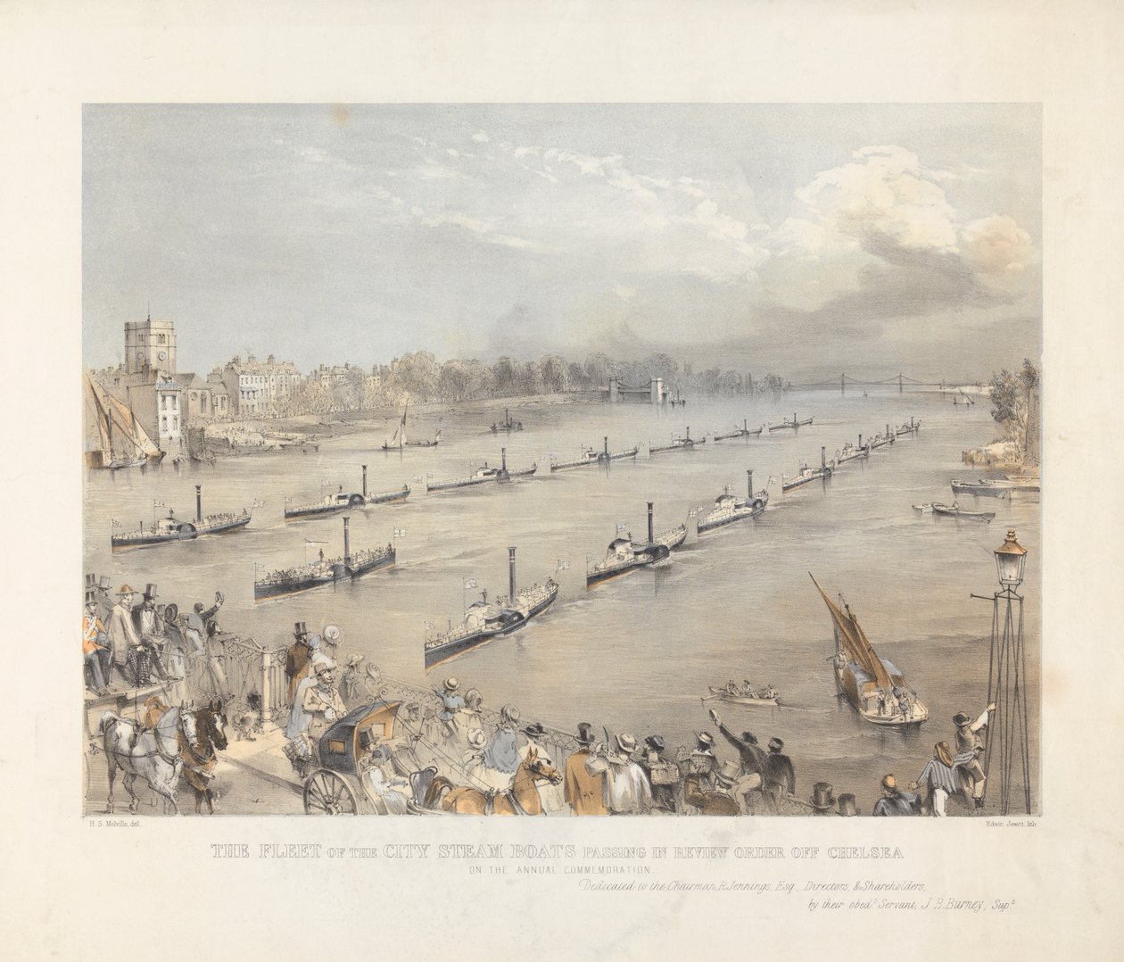 La flota de barcos de vapor de la ciudad pasando en orden de revista frente a Chalsea en la conmemoración anual de Londres de Edwin Jewitt