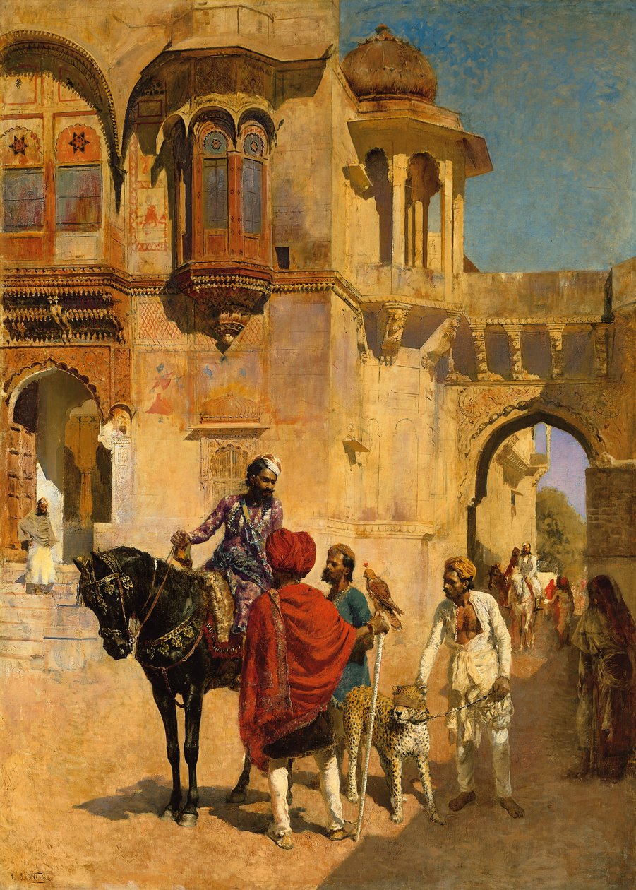 Partida para la caza en el patio de un palacio de Jodhpore, c.1898-1900 de Edwin Lord Weeks