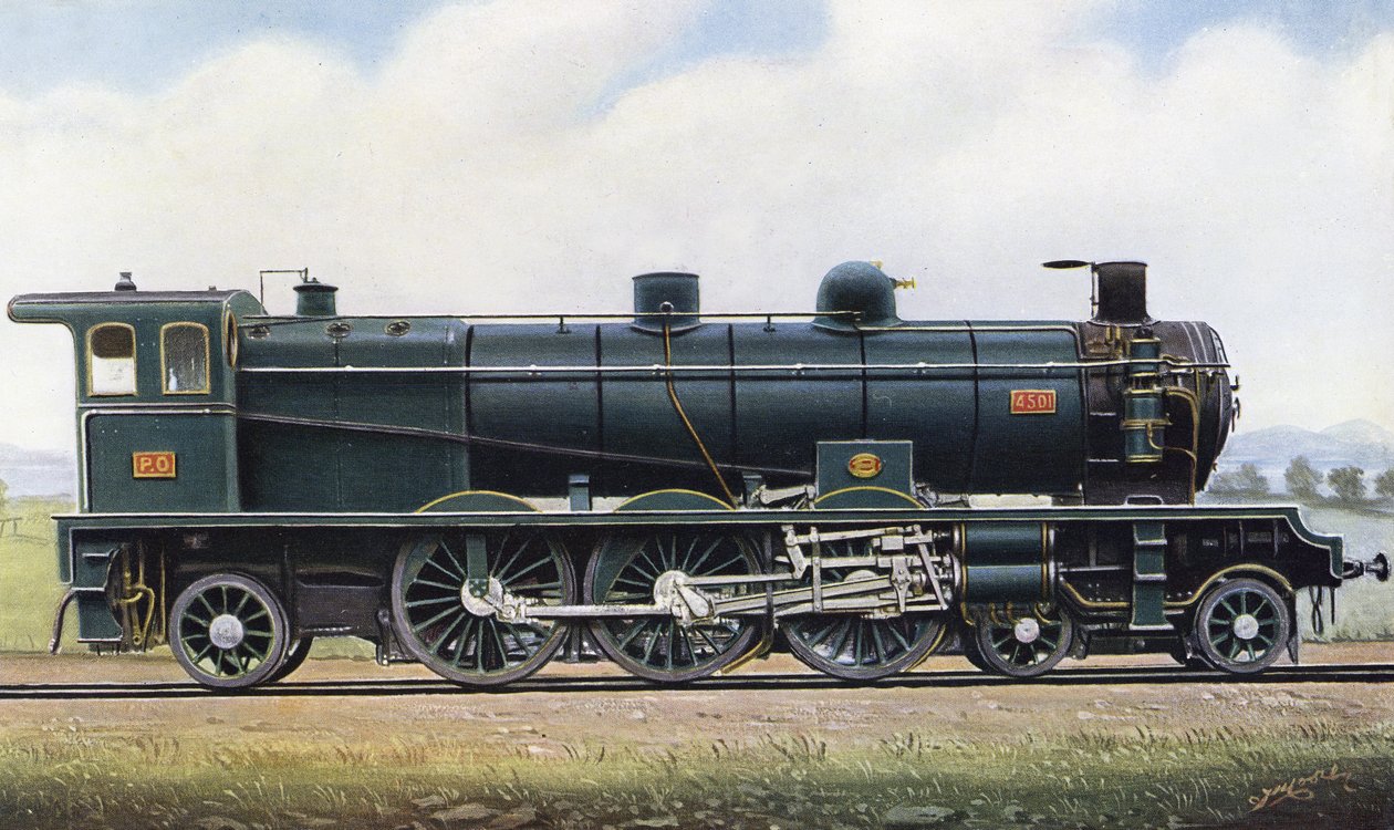 El producto de dos Repúblicas: Máquina de vapor tipo "Pacific" no. 4501, Ferrocarril París - Orleans. 1910 (litografía) de Edwin Thomas Rudd