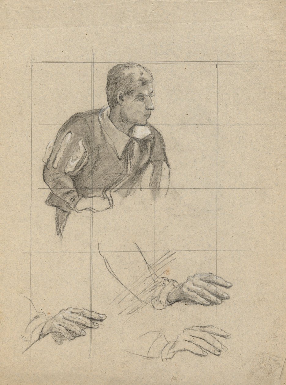 Hombre sentado y Estudio de manos, boceto para Firma del Pacto en la Cabina del Mayflower. de Edwin White