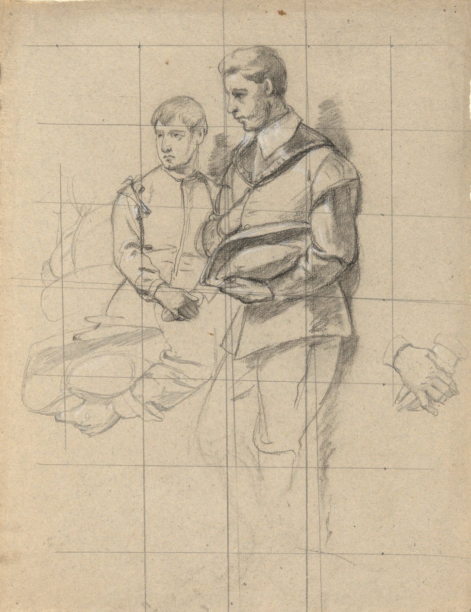 Dos figuras, croquis para Firma del Pacto en la Cabina del Mayflower de Edwin White