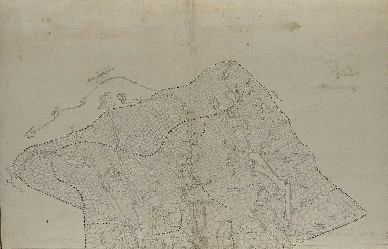 El mapa fue dibujado a mano (ca 1780) y muestra Telemark de Eenvold Steenbloch
